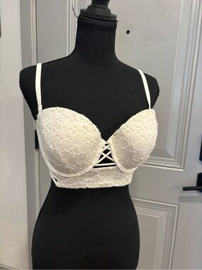 Victoria's Secret White Lace Longline Bikini Top with Crisscross Detail